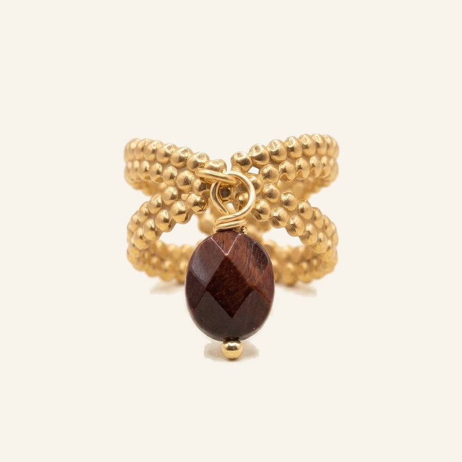 Bague Bruyère réglable en œil de taureau, acier inoxydable doré - Verika Bijoux