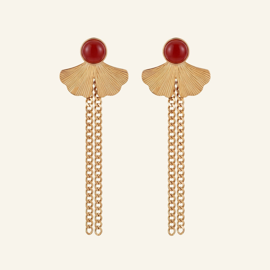 Boucles d'oreilles Ginko pendantes en agate rouge, acier inoxydable doré - Verika Bijoux
