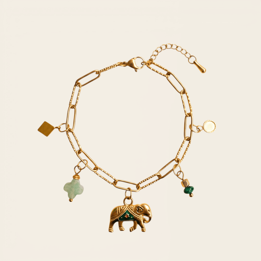 Bracelet Verika Bijoux Baga doré à breloques éléphant, jade et turquoise