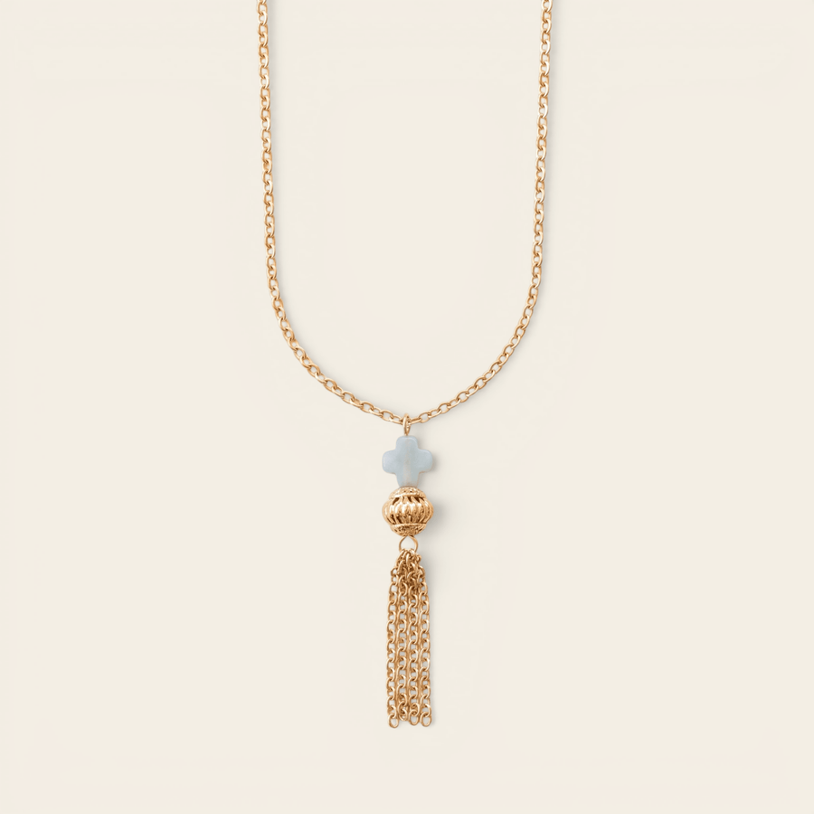 Sautoir Verika Bijoux Palolem doré à trèfle de jade et pompon de chaînes