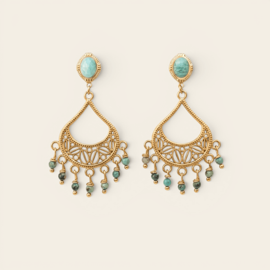 Boucles chandelier Verika Bijoux Colva dorées à amazonite et turquoise africaine