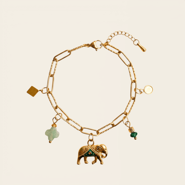 Bracelet Verika Bijoux Baga doré à breloques éléphant, jade et turquoise