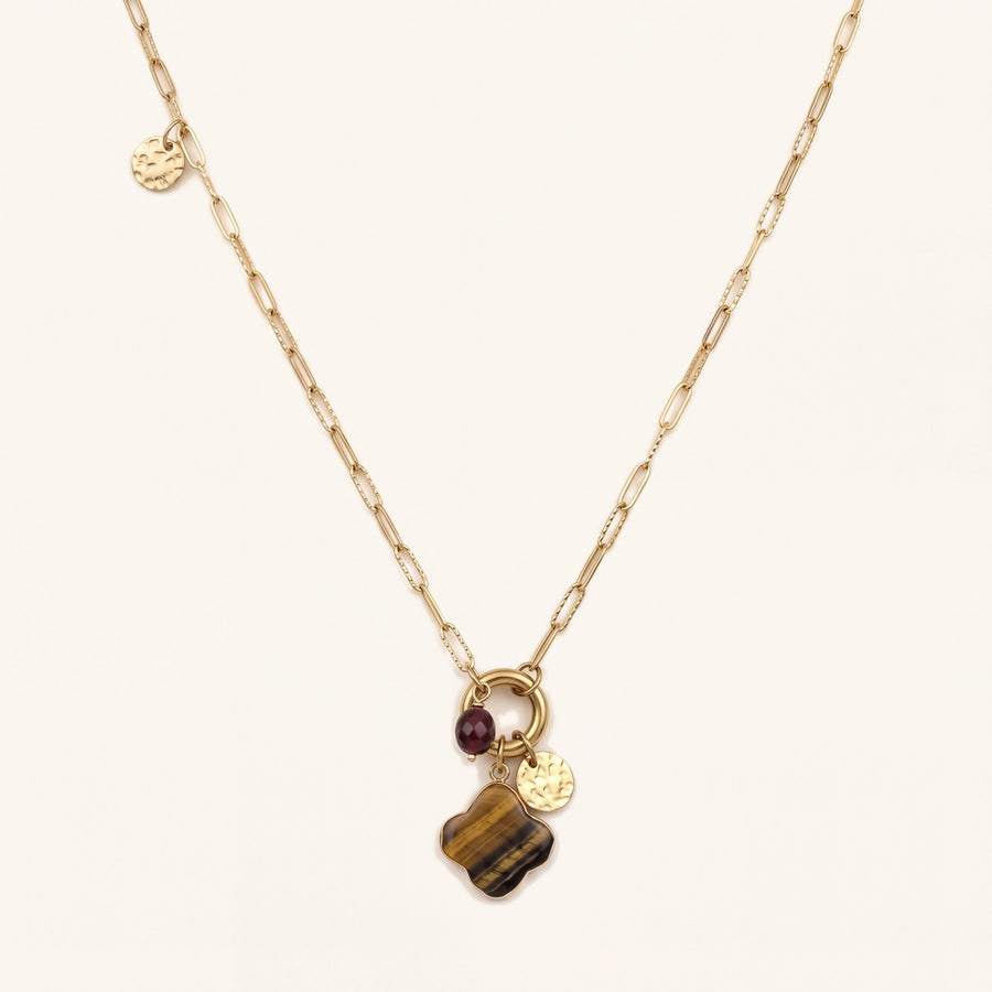 Sautoir Fauve, pendentif trèfle en œil de tigre sur chaîne dorée - Verika Bijoux