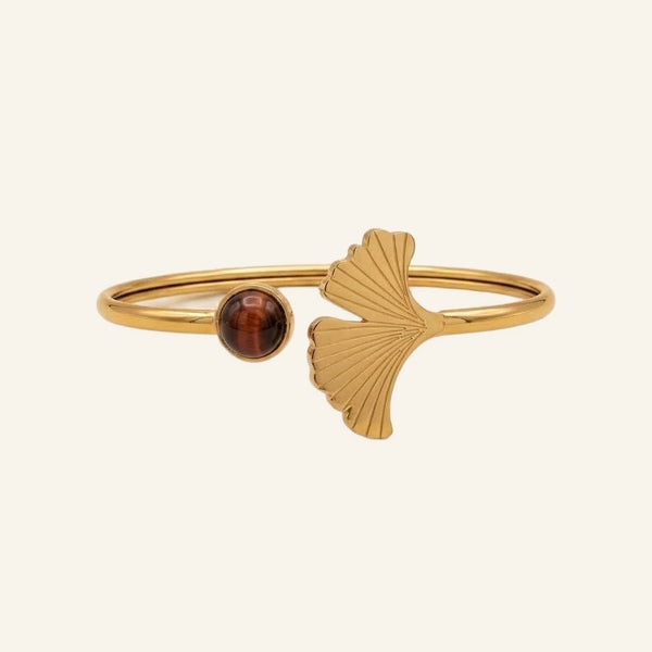 Bracelet jonc Ginko en œil de taureau, acier inoxydable doré - Verika Bijoux