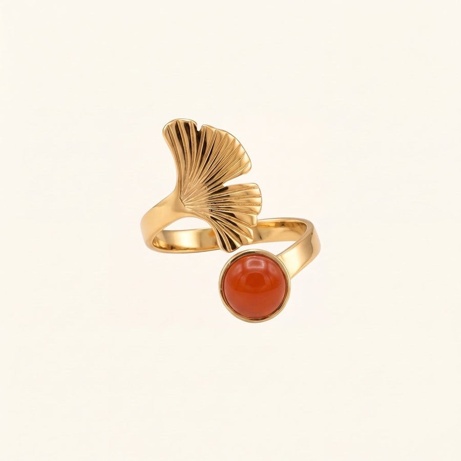 Bague Ginko réglable feuille de ginkgo, pierre naturelle et acier inoxydable doré - Verika Bijoux