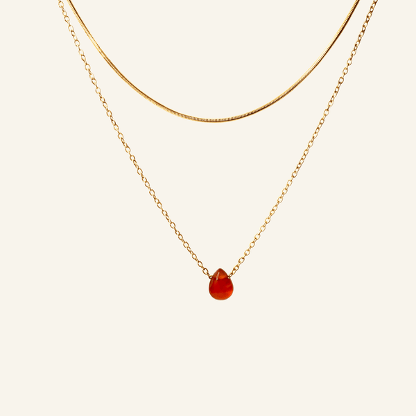 Collier Mélisande double rang, briolette de cornaline, acier doré - Verika Bijoux
