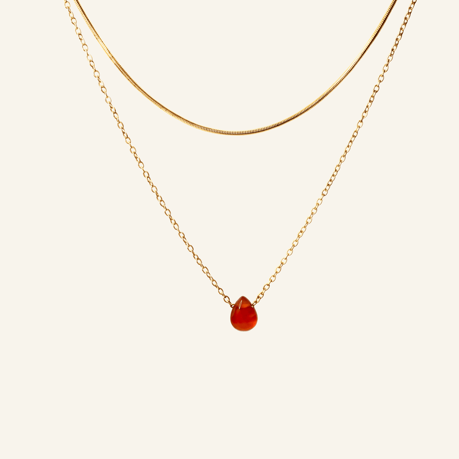 Collier Mélisande double rang, briolette de cornaline, acier doré - Verika Bijoux