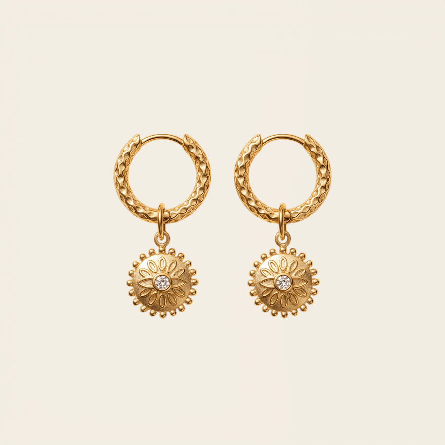 Créoles Verika Bijoux Anna dorées à médaillon fleur et cristal